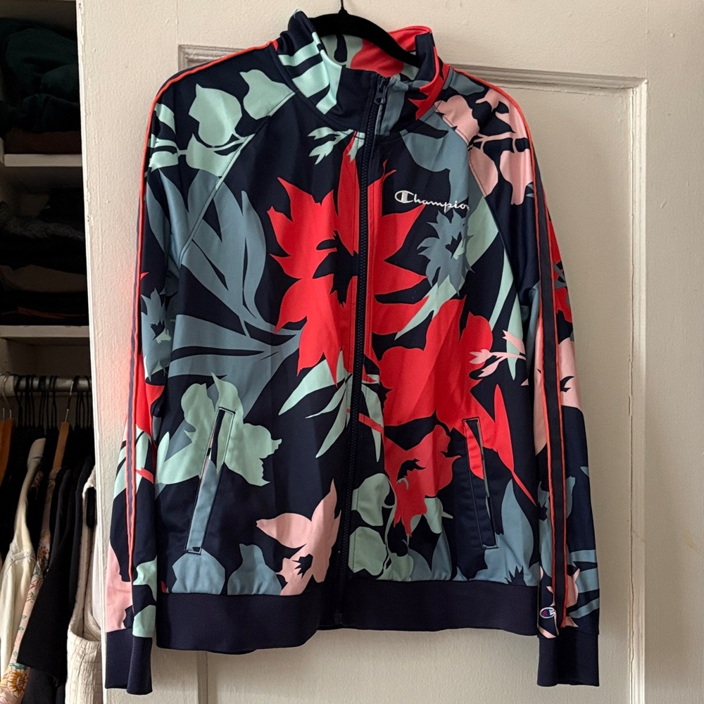 Champion Women's Navy and Red Floral Bomber Jacket